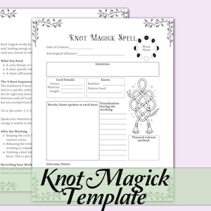 Op de afbeelding: Een zwart-wit Knot Magick Spell-sjabloon met een decoratieve rand. De sjabloon bevat secties voor het vastleggen van intenties, koorddetails en de 9-knoopvolgorde. De woorden "Knot Magick Template" staan onderaan.