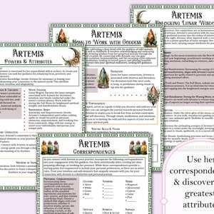 May include: A printable guide to working with the Greek goddess Artemis, featuring her powers and attributes, how to work with her, her correspondences, and unlocking lunar wisdom. The guide is illustrated with a green and white border and images of bottles and crystals.