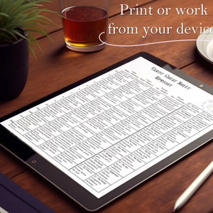 May include: A black tablet displaying a printable tarot cheat sheet with the title "Tarot Cheat Sheet" and "Copyright" in white text. The sheet is divided into a grid with columns for each suit and rows for each card. The text on the sheet is in black. The tablet is on a wooden surface with a glass of tea and a white saucer with a cup on it.