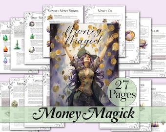 May include: A 27-page guide to money magick with a colorful illustration of a witch with purple hair and a black hat. The guide includes information on monthly money rituals, daily money rituals, money oil, and an altar for money magick.