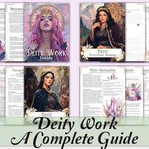 Könnte beinhalten: Ein vollständiger Leitfaden mit dem Titel "Deity Work" mit Illustrationen von Frauen und Text. Der Leitfaden enthält ein "Deity Devotional Journal" und einen Abschnitt "Deity Invocation". Das Cover zeigt eine Frau mit rosa Haaren.
