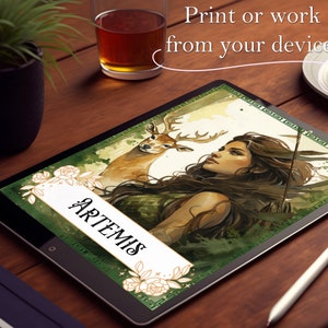 May include: A digital illustration of Artemis, the Greek goddess of the hunt, with a deer. She is depicted with long brown hair, wearing a green dress and holding a bow and arrow. The background is a watercolor wash of green and brown.