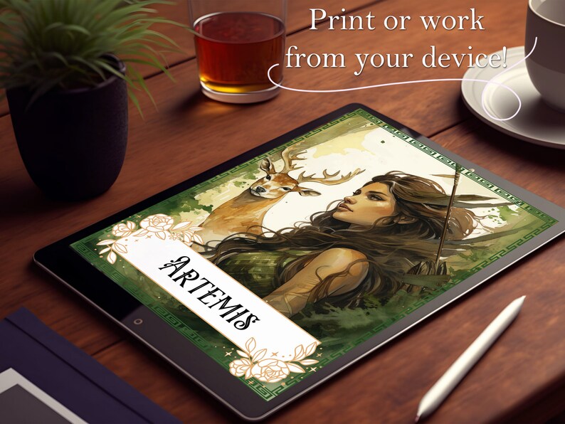 May include: A digital illustration of Artemis, the Greek goddess of the hunt, with a deer. She is depicted with long brown hair, wearing a green dress and holding a bow and arrow. The background is a watercolor wash of green and brown.