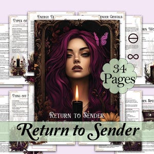 May include: A set of 34-page guides titled "Return to Sender: A Guide to Reversals and Boundaries." The central image shows a woman with purple hair, a butterfly, and a lit candle. Surrounding pages detail energy, spells, and deities.