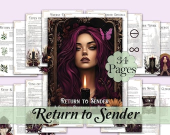 May include: A collection of 34-page guides titled "Return to Sender: A Guide to Reversals and Boundaries." The central image features a woman with purple hair, a butterfly, and a lit candle. Surrounding pages detail energy, spells, and deities.
