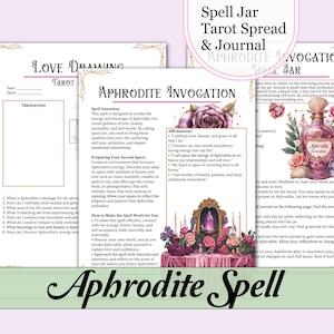 May include: A printable worksheet for a love drawing tarot spread with an invocation to Aphrodite. The worksheet includes a section for journaling and affirmations. The image also features a spell jar with a pink rose and a bottle of perfume labeled "Aphrodite".