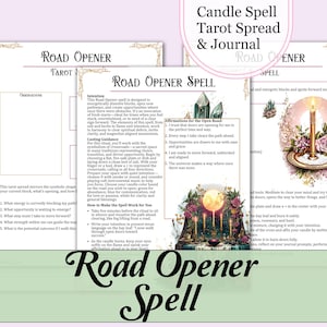 May include: A collection of tarot cards and a journal with the text "Road Opener Spell" and "Candle Spell Tarot Spread & Journal." The design features illustrations of candles, crystals, and floral elements, with a soft, vintage aesthetic.
