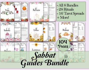 May include: A digital download of eight printable guides for each of the eight Sabbats, including Yule, Imbolc, Ostara, Beltane, Litha, Lammas, Mabon, and Samhain. The guides include rituals, tarot spreads, and more. The guides are illustrated with floral and seasonal imagery. The text on the image reads "Sabbat Guides Bundle" and "104 Pages".