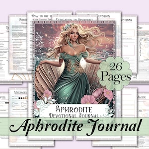 May include: Aphrodite Devotional Journal with 26 pages featuring a colorful illustration of a woman with long blonde hair sitting on a seashell. The journal includes sections for invocations, spells, messages, devotions, and more.