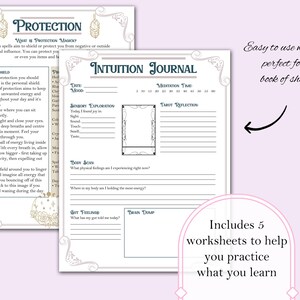 May include: A printable worksheet for an intuition journal with sections for sensory exploration, body scan, gut feelings, brain dump, meditation time, and tarot reflection. The worksheet has a light blue and white color scheme with a decorative border.