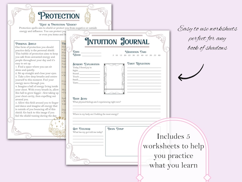 May include: A printable worksheet for an intuition journal with sections for sensory exploration, body scan, gut feelings, brain dump, meditation time, and tarot reflection. The worksheet has a light blue and white color scheme with a decorative border.