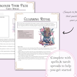 May include: A printable tarot spread and cleansing ritual guide with a floral illustration. The guide includes instructions for a cleansing ritual and a five-card tarot spread called "Discover Your Path".