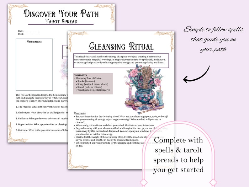 May include: A printable tarot spread and cleansing ritual guide with a floral illustration. The guide includes instructions for a cleansing ritual and a five-card tarot spread called "Discover Your Path".