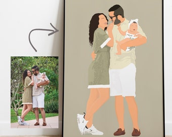 May include: A digital illustration of a family of three. A man and woman are standing close together, with the woman holding the man's hand. The man is holding a baby in his other arm. The family is dressed in casual clothing and is smiling. The background is a light brown color.