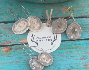 Real Antler Earrings. Hoop style antler earrings. Choice of, gold fleck, rose gold, silver fleck, and natural.