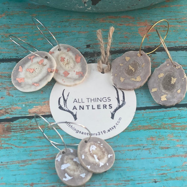 Real Antler Earrings. Hoop style antler earrings. Choice of, gold fleck, rose gold, silver fleck, and natural.