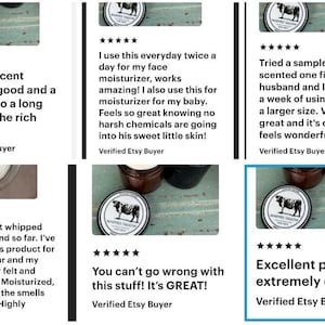 May include: Reviews of a skincare product with a circular label featuring a cow illustration. The reviews highlight the product's vanilla scent, moisturizing properties, and suitability for dry skin. The product is described as excellent.