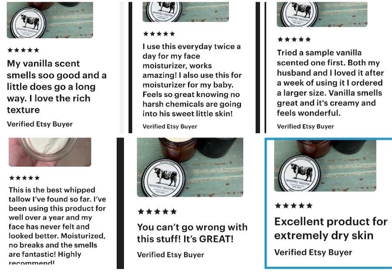 May include: Reviews of a skincare product with a circular label featuring a cow illustration. The reviews highlight the product's vanilla scent, moisturizing properties, and suitability for dry skin. The product is described as excellent.