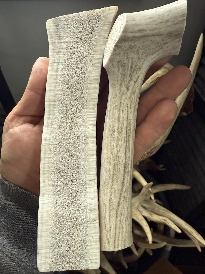 May include: Two pieces of split deer antler showing a rough, porous, light beige marrow center and a smooth, hard, off-white outer shell. The texture is fibrous and dense, displaying the natural cross-section of the bone material.