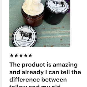 May include: Three jars of whipped tallow moisturizer. One jar is open, revealing a fluffy white cream. The other two jars are closed with black lids and labels featuring a cow illustration and the text "WHIPPED TALLOW".