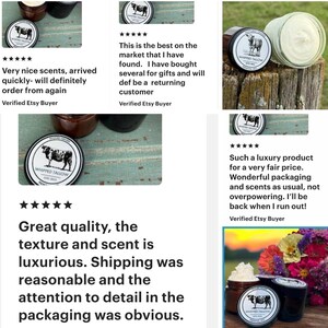 May include: Several jars of whipped tallow cream with a cow logo on the lid. The jars are brown and black, and some are open, revealing the cream inside. The image includes customer reviews.