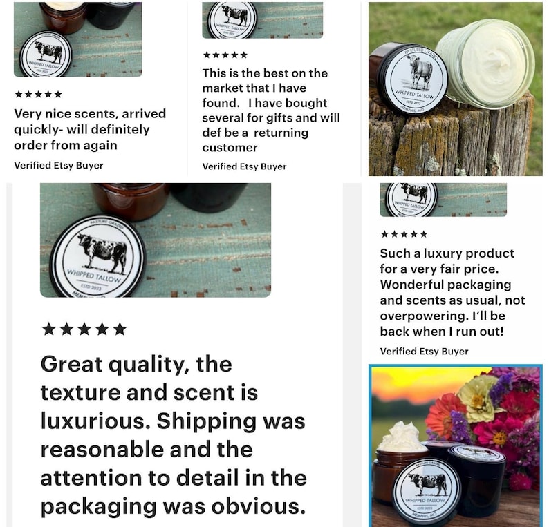 May include: Several jars of whipped tallow cream with a cow logo on the lid. The jars are brown and black, and some are open, revealing the cream inside. The image includes customer reviews.