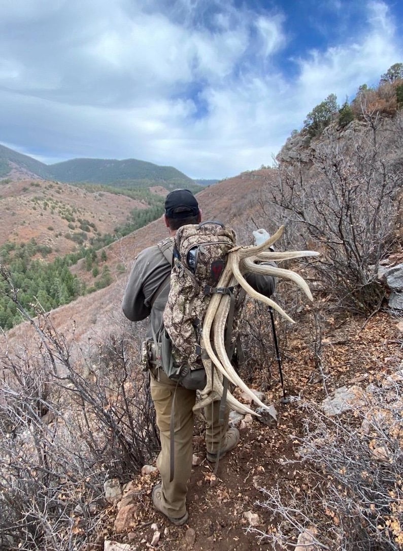 May include: A person hiking in a mountainous area, carrying a camouflage backpack and large antlers. The landscape features brown and green vegetation under a cloudy sky. The person is wearing a black cap and khaki pants.