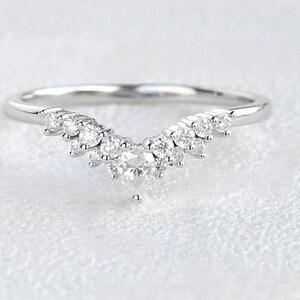 Vintage Inspired Moissanite Art Deco Band- Chevron Ring- V Shaped Curved Moissanite Wedding Band- Gold Curved Chevron Ring