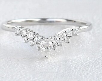 Moissanite Art Deco Chevron Ring - Curved Gold Wedding Band