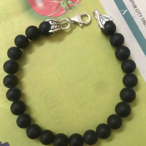Matte Black Onyx Bracelet, 925 Sterling Silver Lock, Boho Spiritual Beads