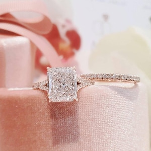 2.5CT Radiant Cut Moissanite Engagement Ring Set – 14K Rose Gold Hidden Halo Bridal Set