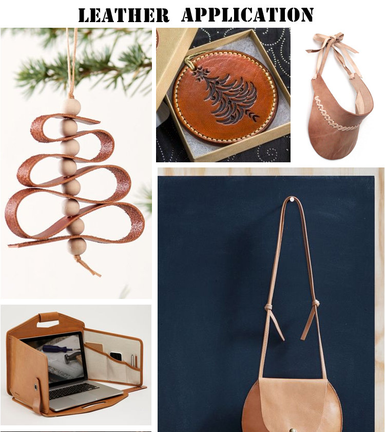 Op de afbeelding: Een verzameling lederen ambachten, waaronder een lederen ornament in de vorm van een kerstboom, een leren tas met een ronde bodem, een leren laptoptas en een leren zonneklep.