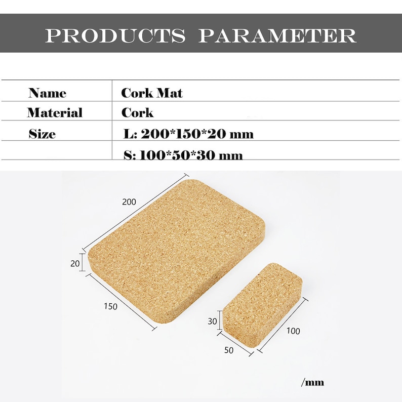 K&ouml;nnte beinhalten: Zwei Korkmatten, eine gro&szlig;e und eine kleine. Die gro&szlig;e Matte misst 200 mm x 150 mm x 20 mm. Die kleine Matte misst 100 mm x 50 mm x 30 mm.