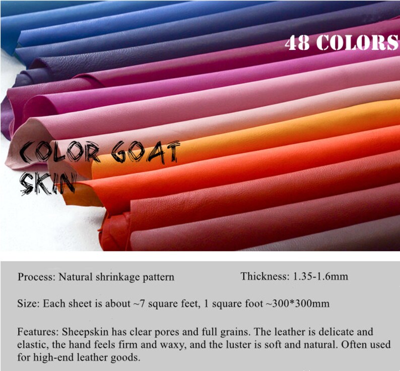 Genuine Goatskin Leather 48 Colors Raw Leather Fabric for Making Wallet Handbags Sewing Craft DIY / Whole Sheet around 5-7 Square Feet image 3
