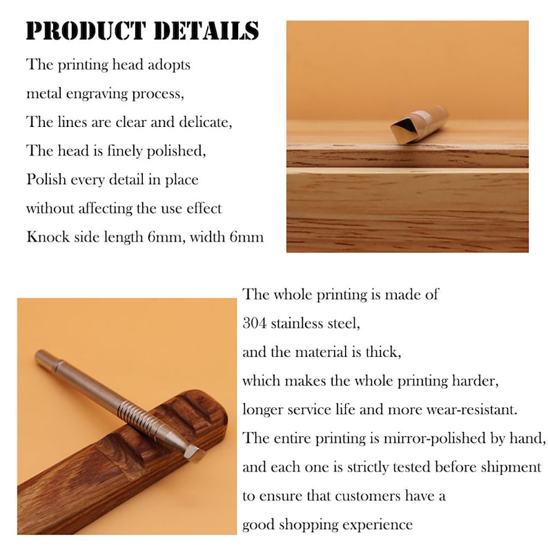 May include: A stainless steel printing tool with a wooden base. The tool has a 6mm knock side and is mirror-polished. The image also shows text that describes the product details.
