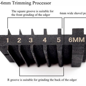 May include: A black trimming processor with six grooves for different sizes, ranging from 1mm to 6mm. The grooves are labeled with numbers and the 6mm groove is labeled "6MM".