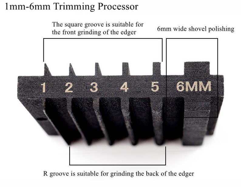 May include: A black trimming processor with six grooves for different sizes, ranging from 1mm to 6mm. The grooves are labeled with numbers and the 6mm groove is labeled "6MM".