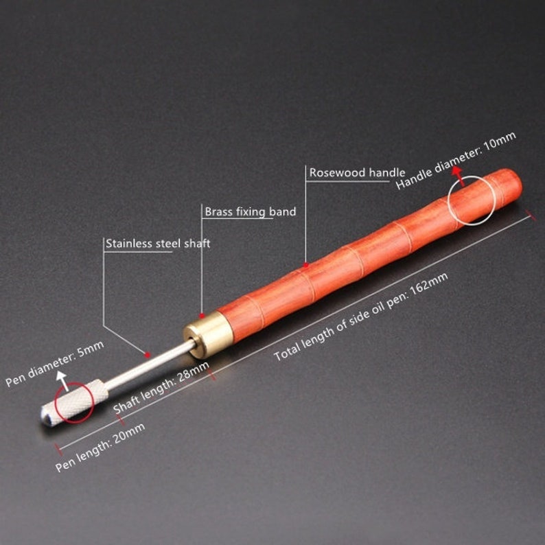 May include: A rosewood handle side oil pen with a brass fixing band and a stainless steel shaft. The pen is 16.2 inches long, with a 10mm handle diameter and a 5mm pen diameter.