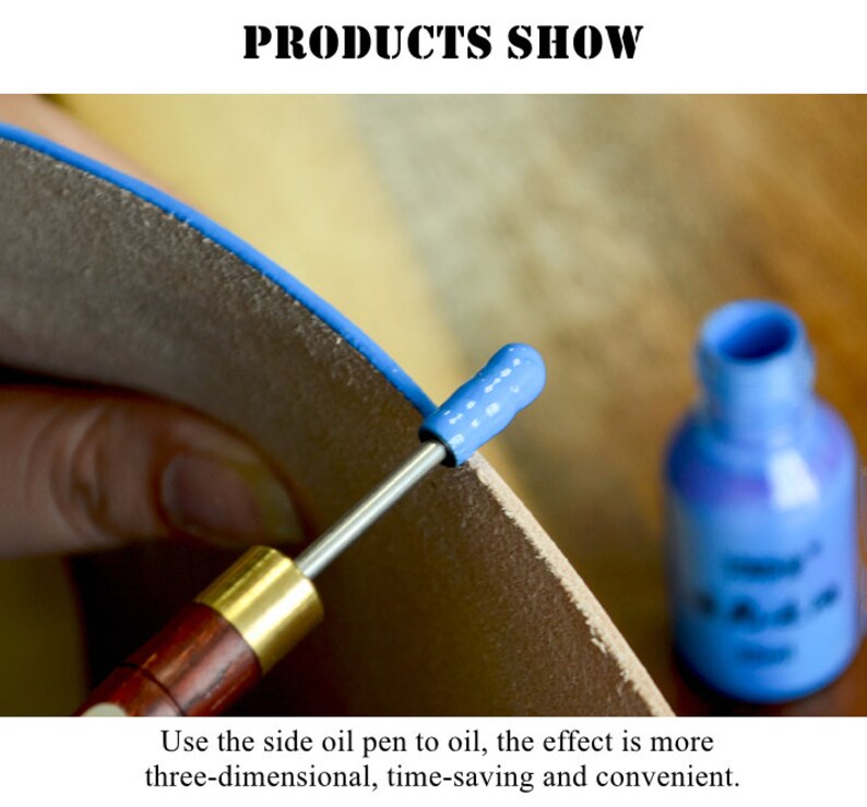May include: A close-up of a person using a side oil pen to apply oil to a piece of leather. The oil pen has a blue tip and a wooden handle. A small bottle of blue oil is in the background.