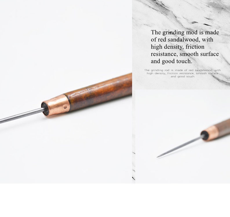 May include: A close-up of a wooden grinding rod with a copper tip and a thin metal blade. The grinding rod is made of red sandalwood, with high density, friction resistance, smooth surface and good touch.