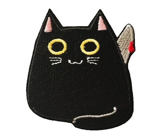 Cute Cat with Knife Patch, Funny Black Cat Patch - Iron On/Sew On - Cute Applique for Jackets, Hats, Clothes, Backpacks, Tote Bags