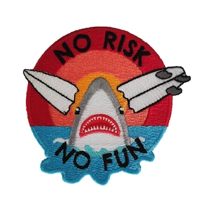 No Risk No Fun, Surf & Shark by PatchClub - Cool Adventure Patch - Colorful Embroidered - Iron On/Sew On Patches