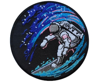 Space Surfing Astronaut Patch: Embroidered Iron-On Applique
