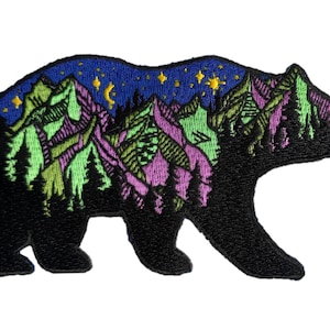 PatchClub Bear and Mountains Outdoor Adventure Patch Iron On - Colorful, Fully Embroidered, 4.7 inches