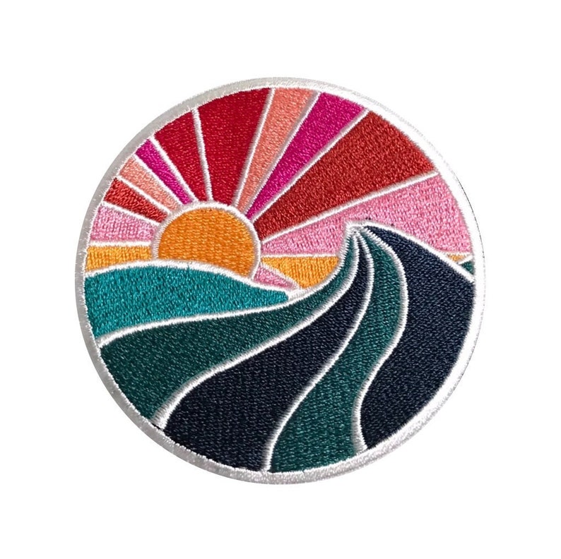 PatchClub Wave and Sun, Aesthetic Colorful Ocean Patch, 2 or 3 inches Fully Embroidered Cool Iron On/Sew On Patches image 1