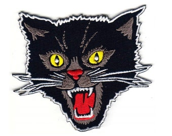 Screaming Black Cat Patch: Embroidered Rockabilly Punk Applique