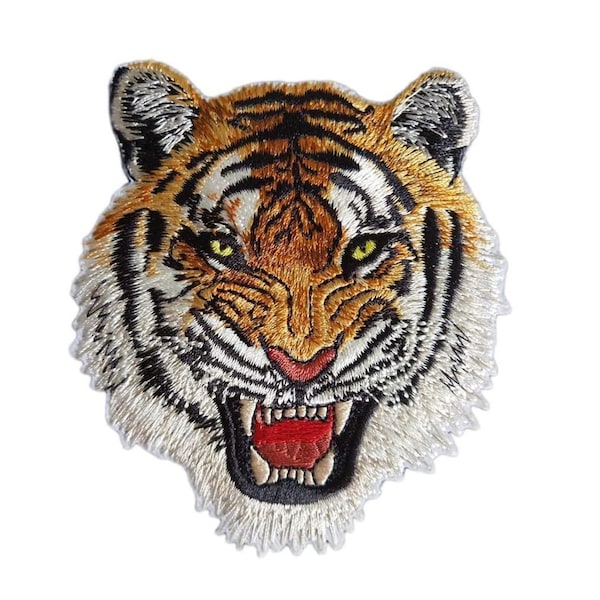 Patch thermocollant tête de tigre rugissant - Coloré, entièrement brodé, 3,5 pouces