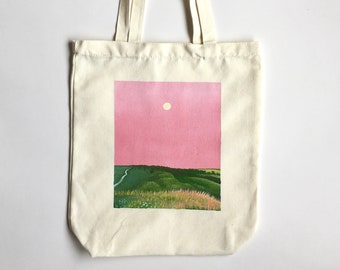 Pink Sunset Tote Bag- Landscape Tote Bag- Full Moon Tote Bag- Women's Tote Bag- Reusable Bags- Pink Tote Bag- Gifts for Friends- Pink Bag