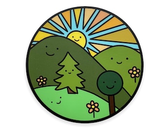 Pegatina de botella de agua Happy Trees- Pegatina portátil de árbol- Pegatinas de cara feliz- Pegatinas de botellas de agua lindas- Pegatinas de arte- Pegatinas felices