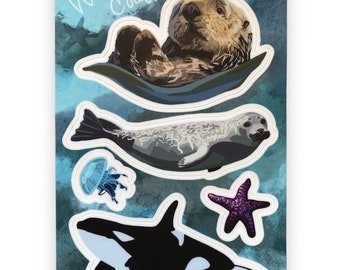 Ocean Animals Vinyl Sticker- Ocean Sticker Sheet- West Coast Stickers- Otter Sticker- Whale Sticker- Orca Sticker-Starfish Sticker-Jellyfish